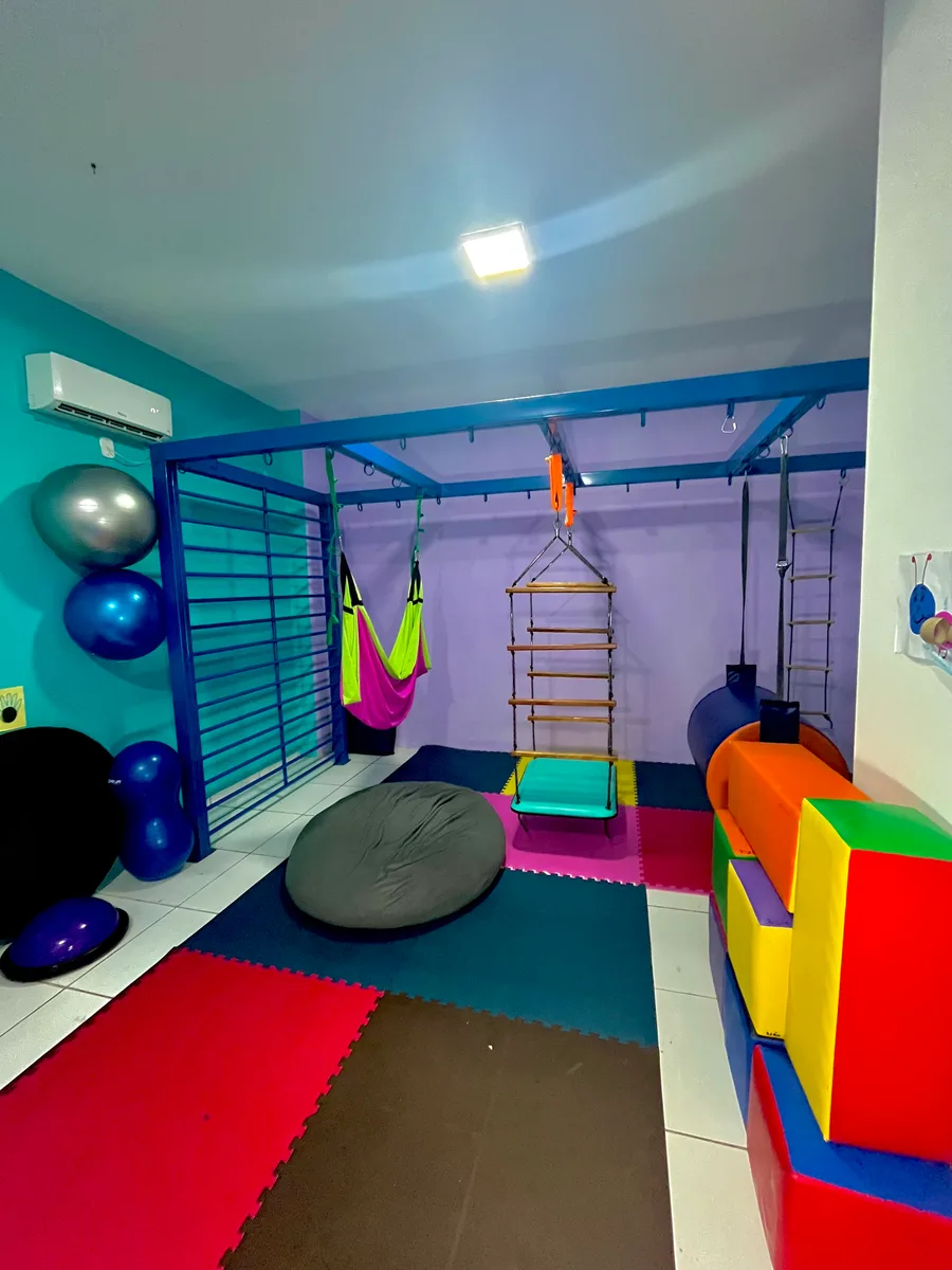 Sala de psicomotricidade com balanços e recursos para movimento